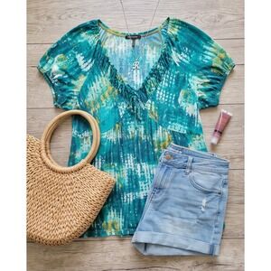 Daisy Fuentes Sheer Peasant Boho Blouse Teal Floral Ruffle‎ V-Neck XL 14/16